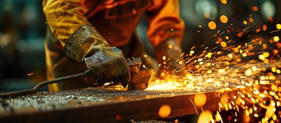 A worker grinds a steel plate before assembly into a steel pipe at an industrial factory, using a grinding machine.