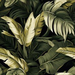 Green tropical leaf seamless pattern with monstera, banana tree, and palm on dark background