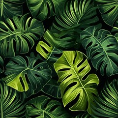 Exquisite seamless pattern featuring lush dark green monstera leaves in a tropical paradise - obrazy, fototapety, plakaty