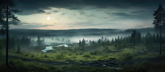 Dramatic countryside scene with a full moon on a summer evening in Siberia, Russia, with a foggy forest.