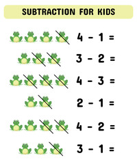 Subtraction game with cute frogs. Educational math game for preschoolers kindergarten. Learning mathematic pages.