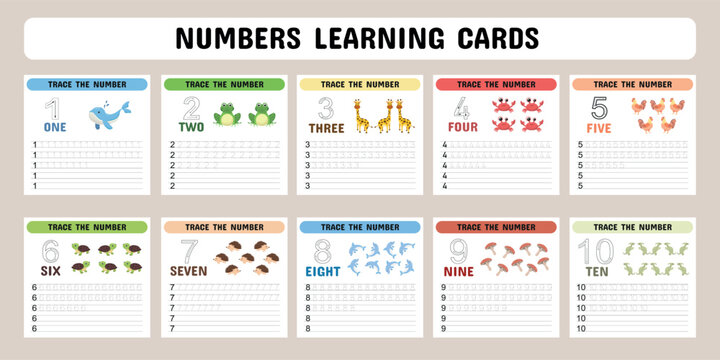 Cards for learning numbers from 1 to 10 with cute animals. Kids counting worksheets. Kindergarten flashcards with numbers, learning and spelling numbers . Vector illustration