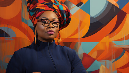 
Portrait of a proud Nigerian woman in her forties, colorful abstract background