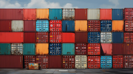 Obraz premium Wall of Shipping Containers at Harbor Capturing the Essence of Maritime Commerce