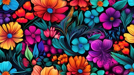 Fototapeta premium a bunch of colorful flowers that are on a black background with blue and orange flowers in the middle of the picture.