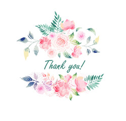 Postcard. Thank you text on a background of watercolor flowers. hand drawing. Not AI, Vector illustration