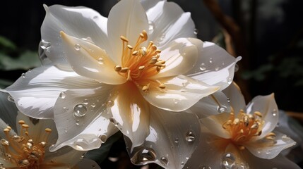  a close up of a white flower with drops of water on it's petals and leaves in the background.