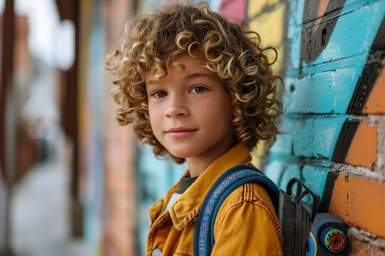 a curly-haired smiling boy of 7-10 years old in a yellow denim jacket with a backpack over his shoulders stands against a bright wall painted with graffiti. medium plan. School concept