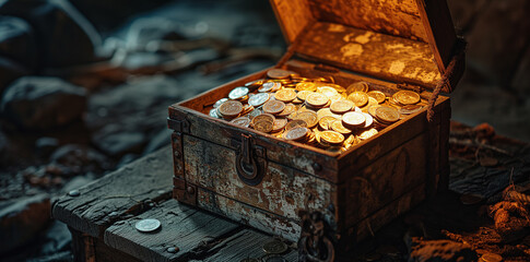 a treasure chest fill with coins and light reflecting from it
