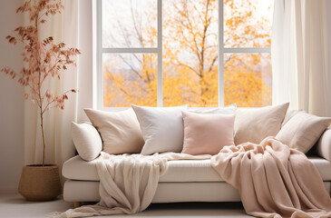 White cushions and cream color blanket on white sofa against of window. Scandinavian style interior design of modern living room, soft pastel colors, Generative AI