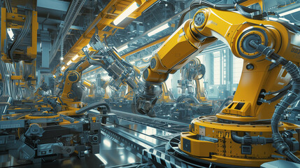 manufacturing cars, automation with a robots on the assembly lines