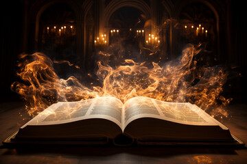A book on fire with candles in a dark room, in the style of epic fantasy scenes.