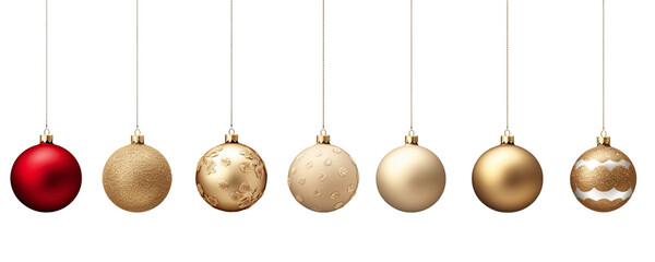 Set of hand drawn golden and red ornament designs. Hanging decorative Christmas balls Isolated on transparent background PNG