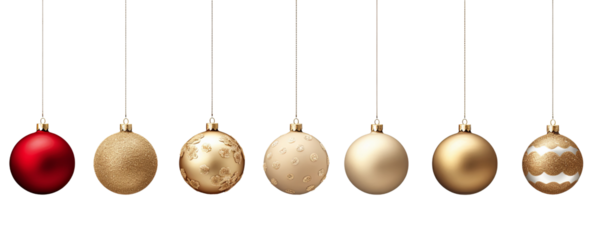 Set of hand drawn golden and red ornament designs. Hanging decorative Christmas balls Isolated on transparent background PNG
