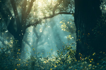 forest with atmospheric light, grass, flowers and leaves, light through the trees