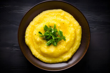 top view of polenta in a braun plate on a dark background