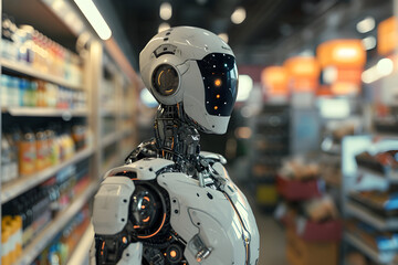 Fototapeta premium a white robot in the store. soft background