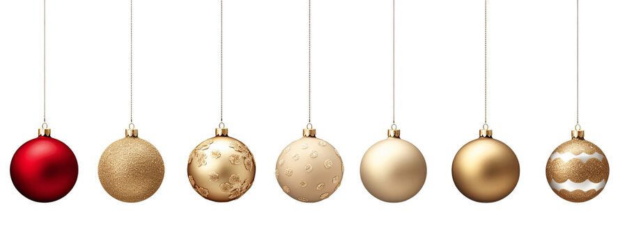 Set of hand drawn golden and red ornament designs. Hanging decorative Christmas balls Isolated on transparent background PNG