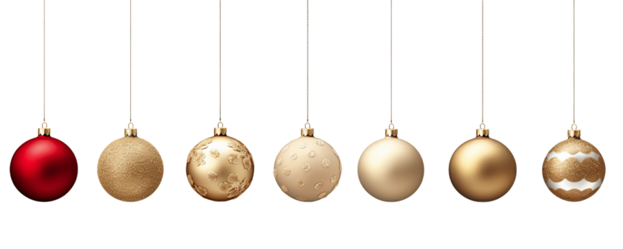 Set of hand drawn golden and red ornament designs. Hanging decorative Christmas balls Isolated on transparent background PNG