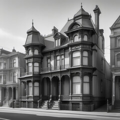 Obraz premium Old black and white street photographs of the Victorian era city, 