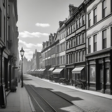 Old black and white street photographs of the Victorian era city,	
