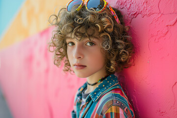 a curly-haired smiling girl of 7-10 years old in a multi-colored shirt stands against a bright wall...