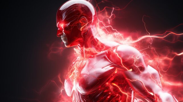 High-tech robot with red energy in the form of lightning, AI