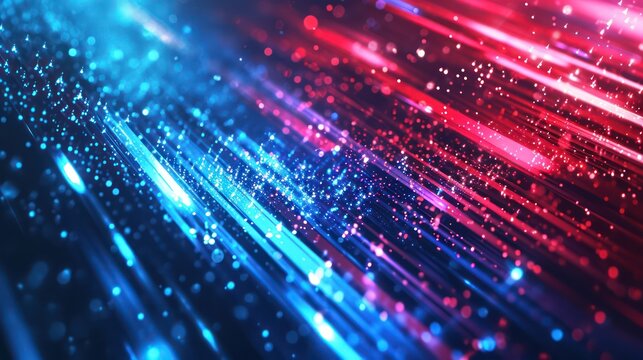 An abstract red-blue technology background featuring burst line lights and a speed effect