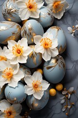 Fototapeta na wymiar Easter eggs with spring flowers. Festive background, greeting card idea