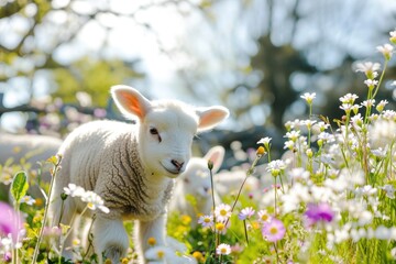 Cute baby lamb in the blooming flower field. Greeting card, Easter or springtime concepts