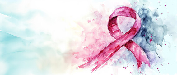 Breast cancer awareness month. Watercolor pink ribbon with copy space - obrazy, fototapety, plakaty