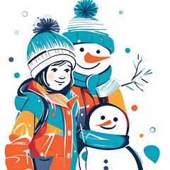 little happy girl playing outdoors in winter, vector graphics, children's drawing, girl making a snowman out of snow,