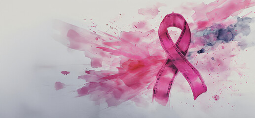 Breast cancer awareness month. Watercolor pink ribbon with copy space