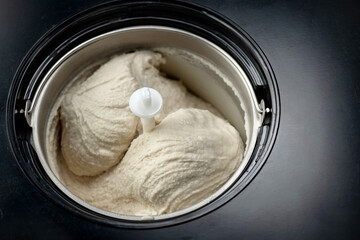 Preparation of homemade vegan coconut ice cream in machine