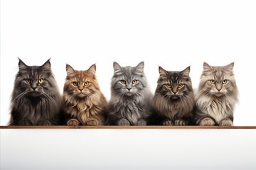 Various cat breeds   big and small   on white background with copy space   high quality studio shot