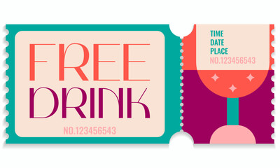 Free drink voucher template.Promotion,happy hour,opening or night party concept with date,time and place.Vector illustration EPS 10.