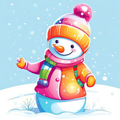 little happy girl playing outdoors in winter, vector graphics, children's drawing, girl making a snowman out of snow,