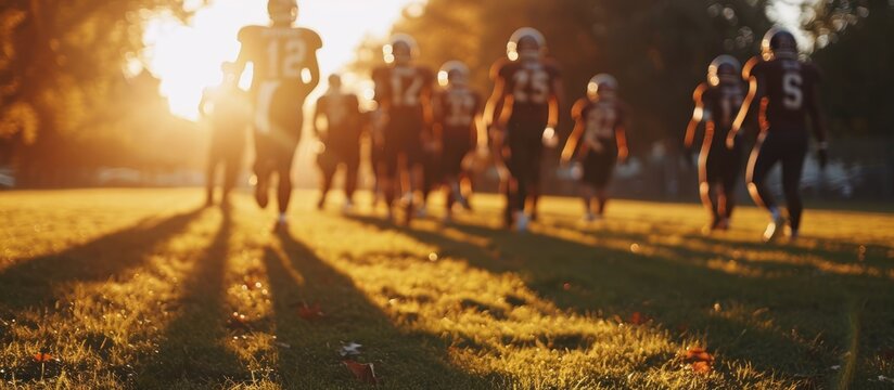 Afternoon practice of American football team walking on playing field, seen from behind.