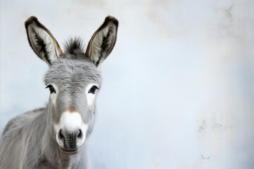 Happy donkey in stylish fashion pose on solid pastel color background with copy space