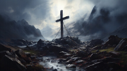 Cross in the mountain, realistic. AI Generative - obrazy, fototapety, plakaty