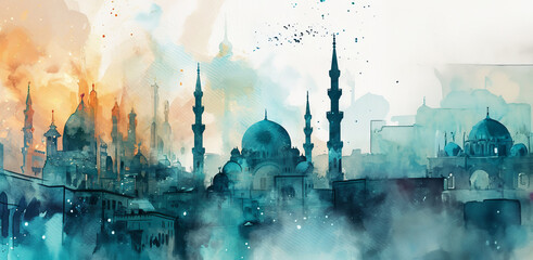 Ramadan in watercolor style with copy space - obrazy, fototapety, plakaty