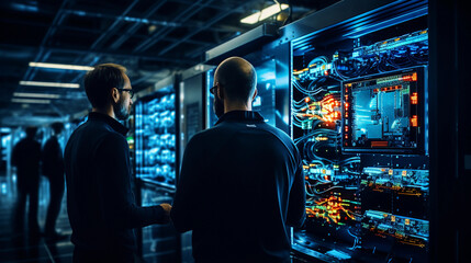 Naklejka premium IT Professionals Discussing in Front of Server Rack in Data Center