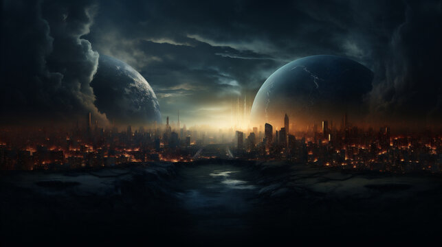 Concept of End of the World, good and bad, dark scenery. realistic. AI Generative