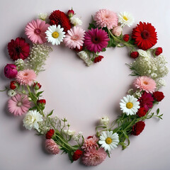 Fototapeta na wymiar Heart-Shaped Flowers and Cherry Blossoms for Valentines Day, Roses, Ranunculus, Daisies, Dahlias, etc. 