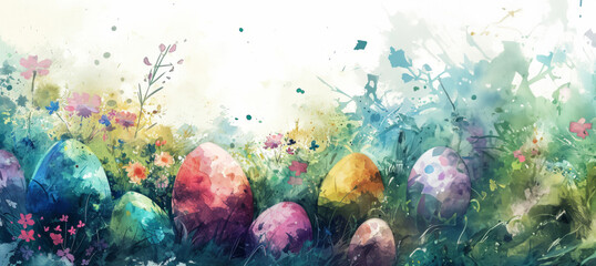 Easter in watercolor style with copy space - obrazy, fototapety, plakaty