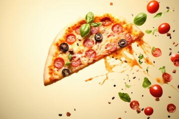 Levitating pizza slice with flying cheese, tomatoes, greens, and olives on a bright backdrop
