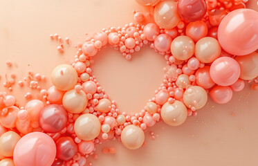 Obraz premium Peachy romantic background. Heart shape copy space formed by balloons. Ai generated image