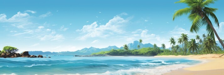 banner template featuring a tropical beach scene with clear blue skies and palm trees 