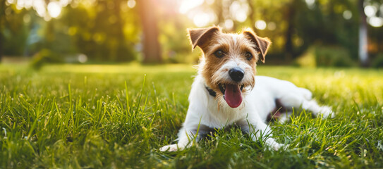 A domestic dog is playing on a bright green lawn. A joyful dog plays enjoying the warmth of the season - obrazy, fototapety, plakaty