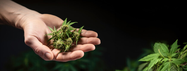 Naklejka na ściany i meble Marijuana buds cradled in the palm within a specialized greenhouse - a glimpse into cannabis cultivation